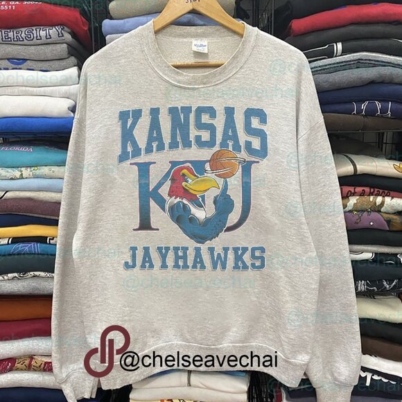 Vintage Kansas Jayhawks KU Basketball Crewneck Sweatshirts 90s Mens Womens Shirt - Picture 1 of 2
